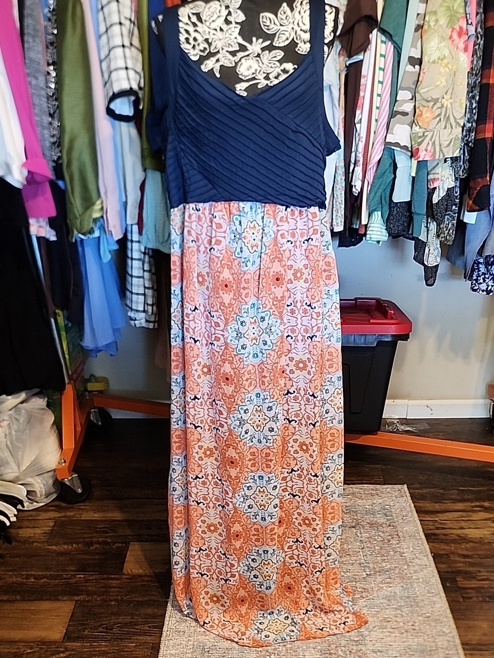 Allison Brittney Navy and Coral Medallion Maxi Dress